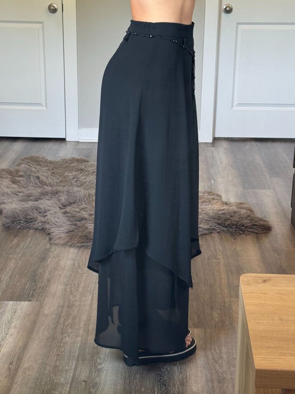 Vintage 90s Ribkoff Black Chiffon Maxi Skirt Beaded Belt Black Whimsigoth Fairy - Picture 5 of 14